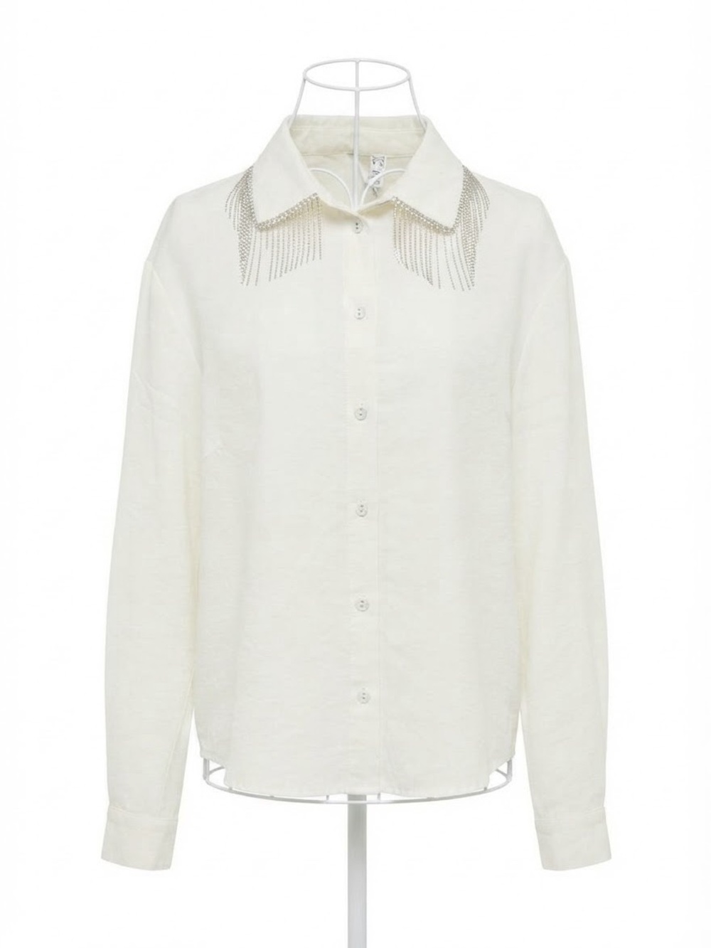 Y.A.S Women's White Rhinestone Fringe Collar Long Sleeve Button Down Shirt Sz S